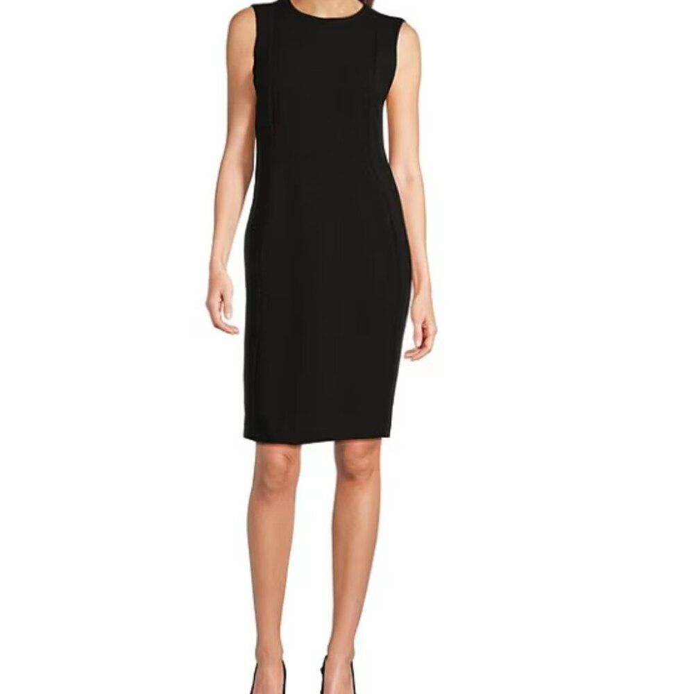 Calvin Klein Sheath Dress Women 12 Petite Black Sleeveless Career Workwear Midi